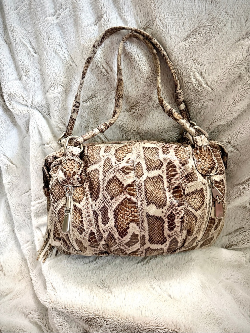 b. makowsky leather Python-Print Shoulder Bag in Brown and Cream